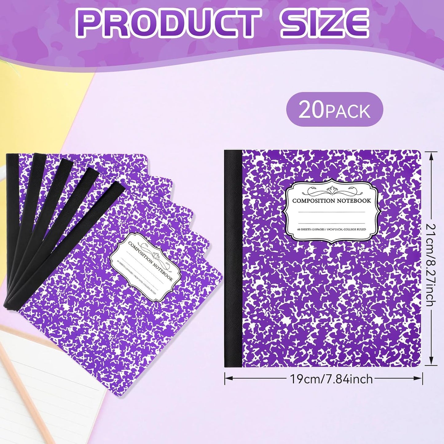 Seajan 20 Pack Composition Notebooks, Wide Ruled Paper, 7-1/2" x 9-3/4" Marble Hard Covers, 60 Sheets, Composition Notebooks Bulk for Students Back to School Adults Office Supplies(Purple)
