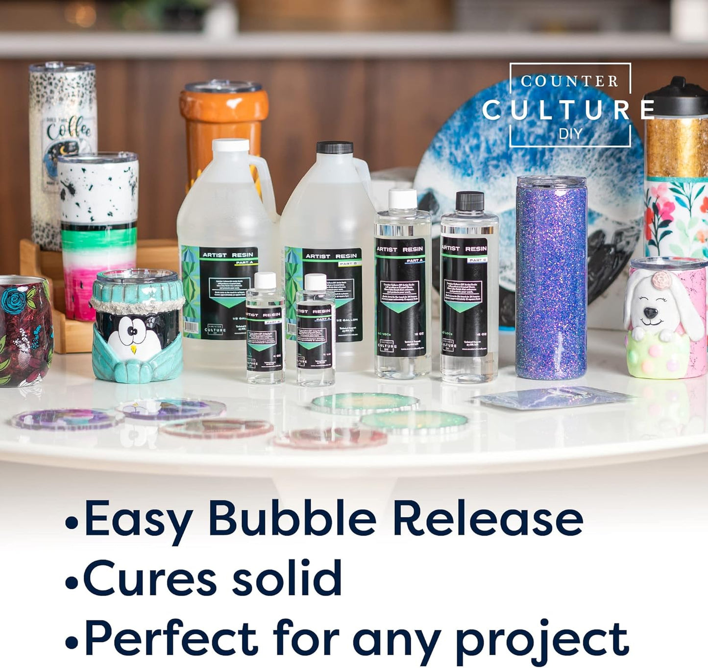 Counter Culture DIY Clear Artist Resin, 1 Gallon Kit, Art Epoxy Supplies for Metallic Stains Acrylic 100% Solids Easy Coat No VOCs Scratch UV Heat Resistant to 500 Degrees