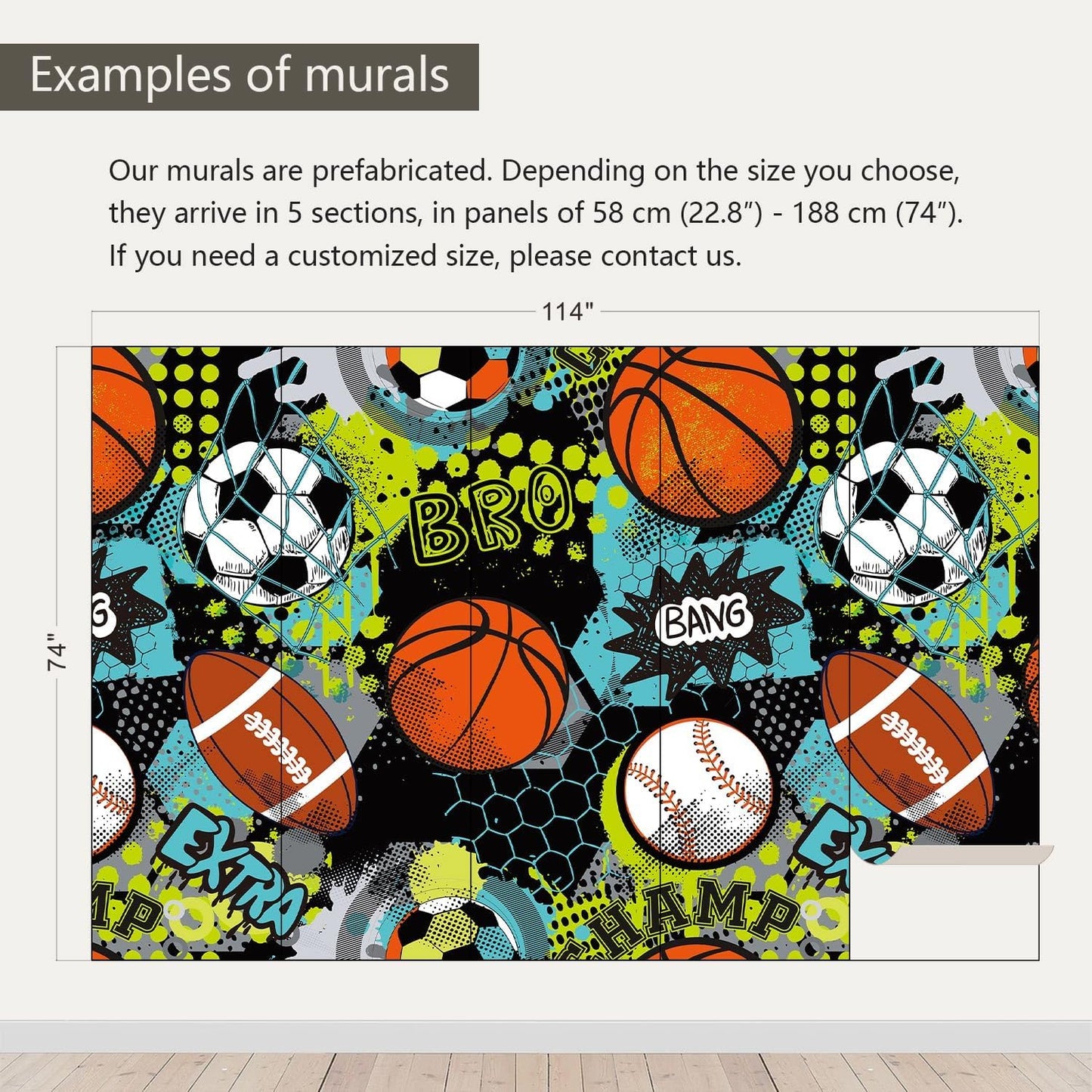 AFZEVEB-Colorful Graffiti Wallpaper Hand-Painted Ball Wall murals for Kids Room 114"x74"(Not Peel and Stick)