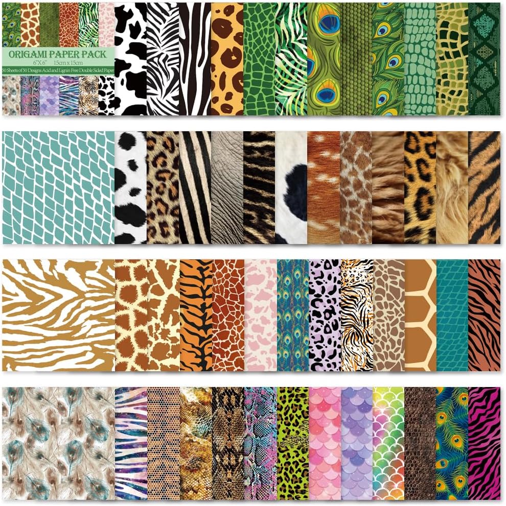 Square Origami Paper 6x6 Double Sided 50 Sheets 50 Colors 70GSM Origami Kit Japanese Chiyo Easy Fold Arts Crafts DIY Handwork Beginner Animal Fur