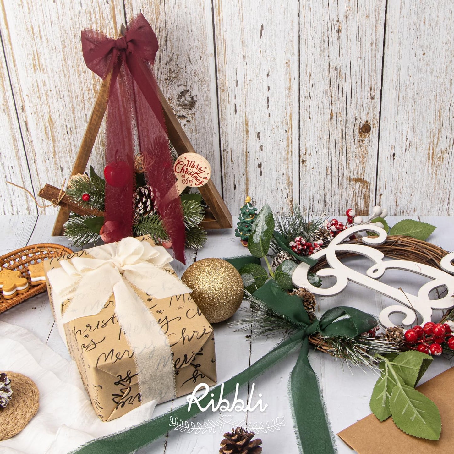 Ribbli Red Cream Green Christmas Ribbon 1.5 Inch x 3 Rolls Total 30 Yards Handmade Fringe Chiffon Silk Ribbon for Gift Wrapping DIY Crafts Home Decor