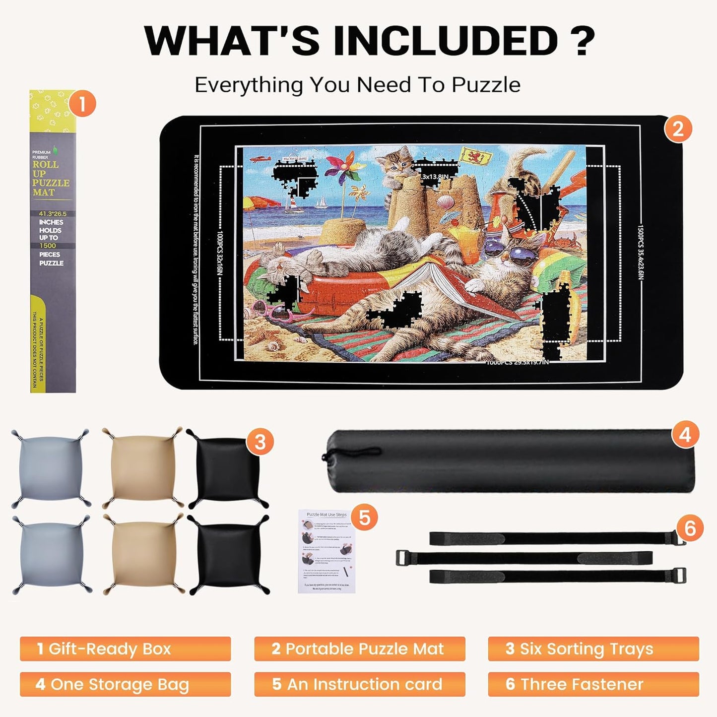 Lwoeo Jigsaw Puzzle Mat Roll Up, No Creases 53.3” x 35” Rubber Saver Pad Up to 3000 Pieces, Black Large Puzzel Matte Rollup with 6 Sorting Trays & 1 Storage Bag. Ideal for Holiday and Birthday