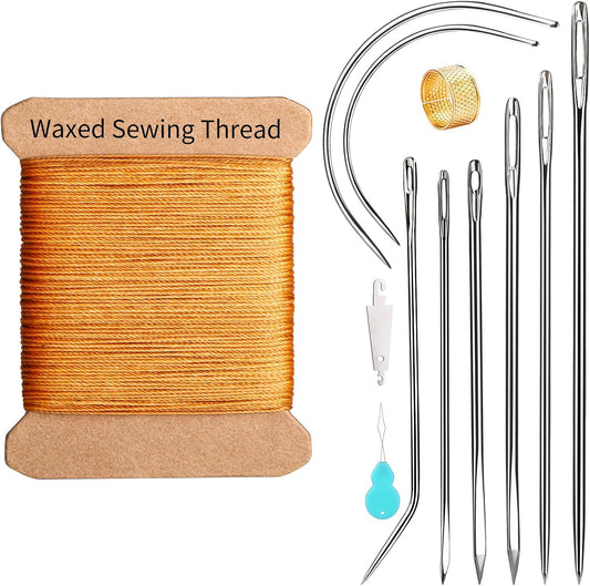Repair Sewing Kit, Upholstery Needle and Thread Kit with 32 Yard Waxed Thread and 8 Pcs Heavy Duty Leather Needles for Hand Stitching, Canvas & Quilting - 0.55mm Round Waxed Cord Coffee