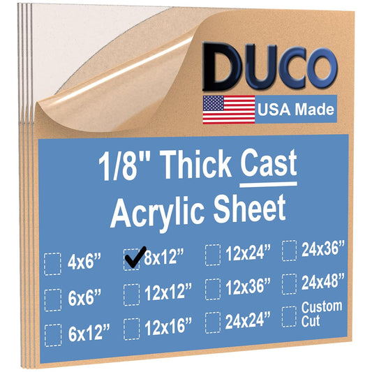 Duco USA-Made Clear Cast Acrylic Sheet 1/8 Inch Thick 8" x 12" - 4 Pack of Transparent Plexiglass Sheet - Lightweight Acrylic Board for Window Replacements, Displays, Signs, and More