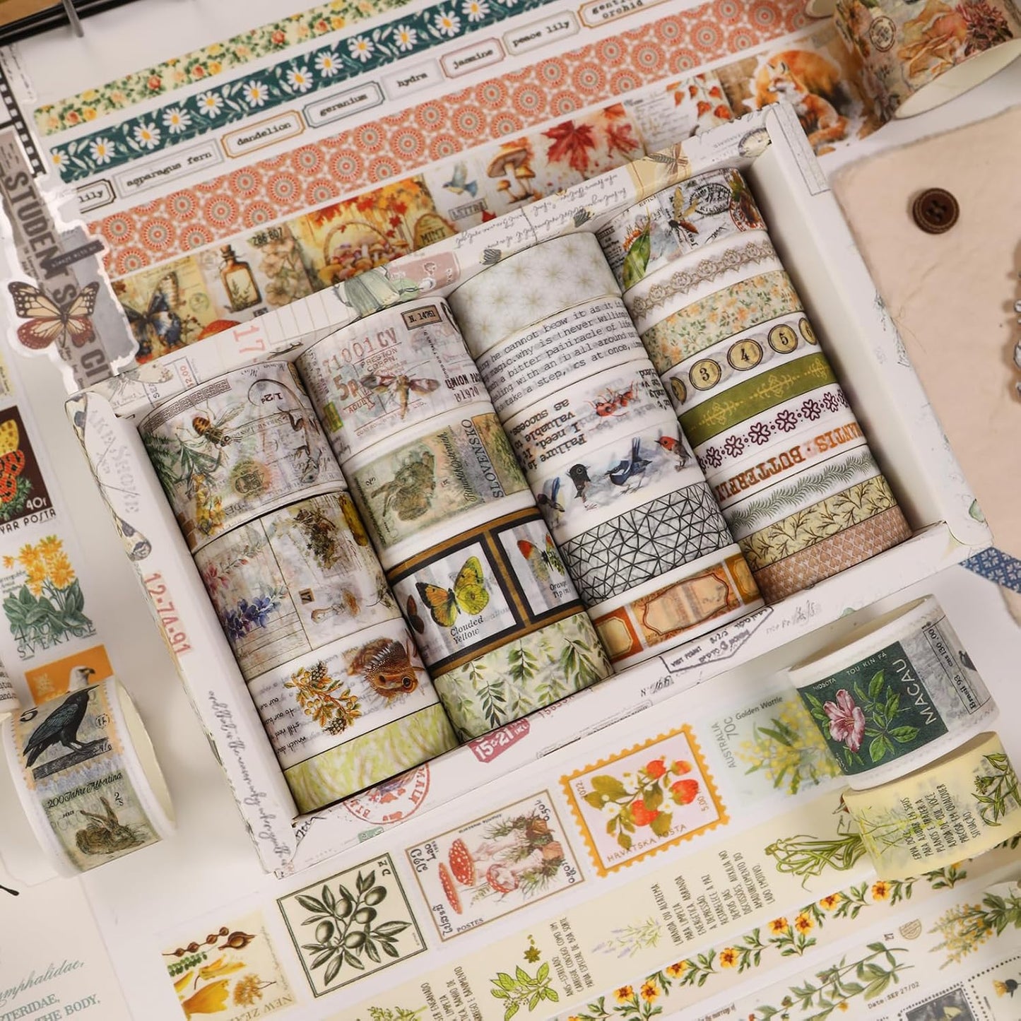 Vintage Washi Tape Set - 24 Rolls Arts Adhesive Tapes Assorted Retro Decorative Masking Tape Sets for Craft, Kids, Scrapbook, DIY, Gift Wrapping (4-Nature Journal)