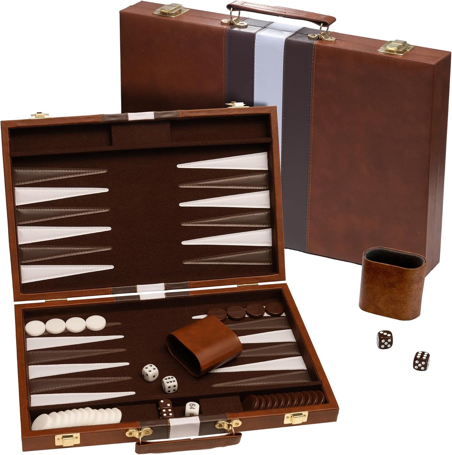 Backgammon Board Game, Deluxe Leather Like Case, Felt Interior, Brown, Classic Backgammon Game, Popular Board Game, Board Games (Medium (15"))