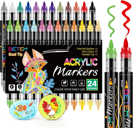Betem Acrylic Paint Markers Paint Pens, 24 Colors Dual Tip Direct Liquid Acrylic Markers with Automatic Ink Control System, Fine & Brush Tip Art Supplies for Rocks, Wood, Stone, Fabrics, DIY Craft
