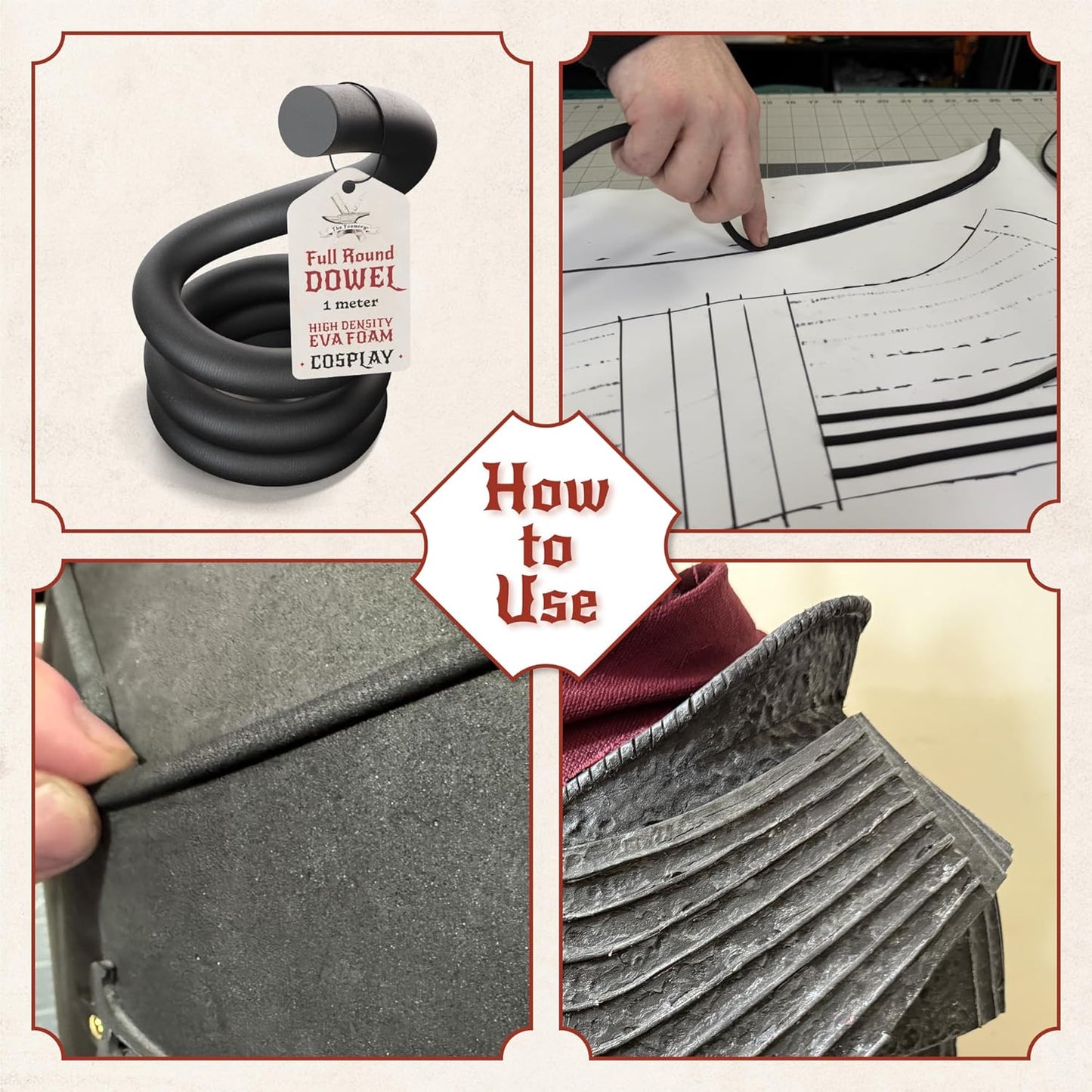 The Foamory's No Waste Full Round EVA Foam Dowel. 5-40mm x 1M High-Density Black Craft Foam Stick. Pre-Cut for Quick Cosplay Armor Trim, Weapon Enhancement and Costumes. Time Saving, Paint-Ready Bevel