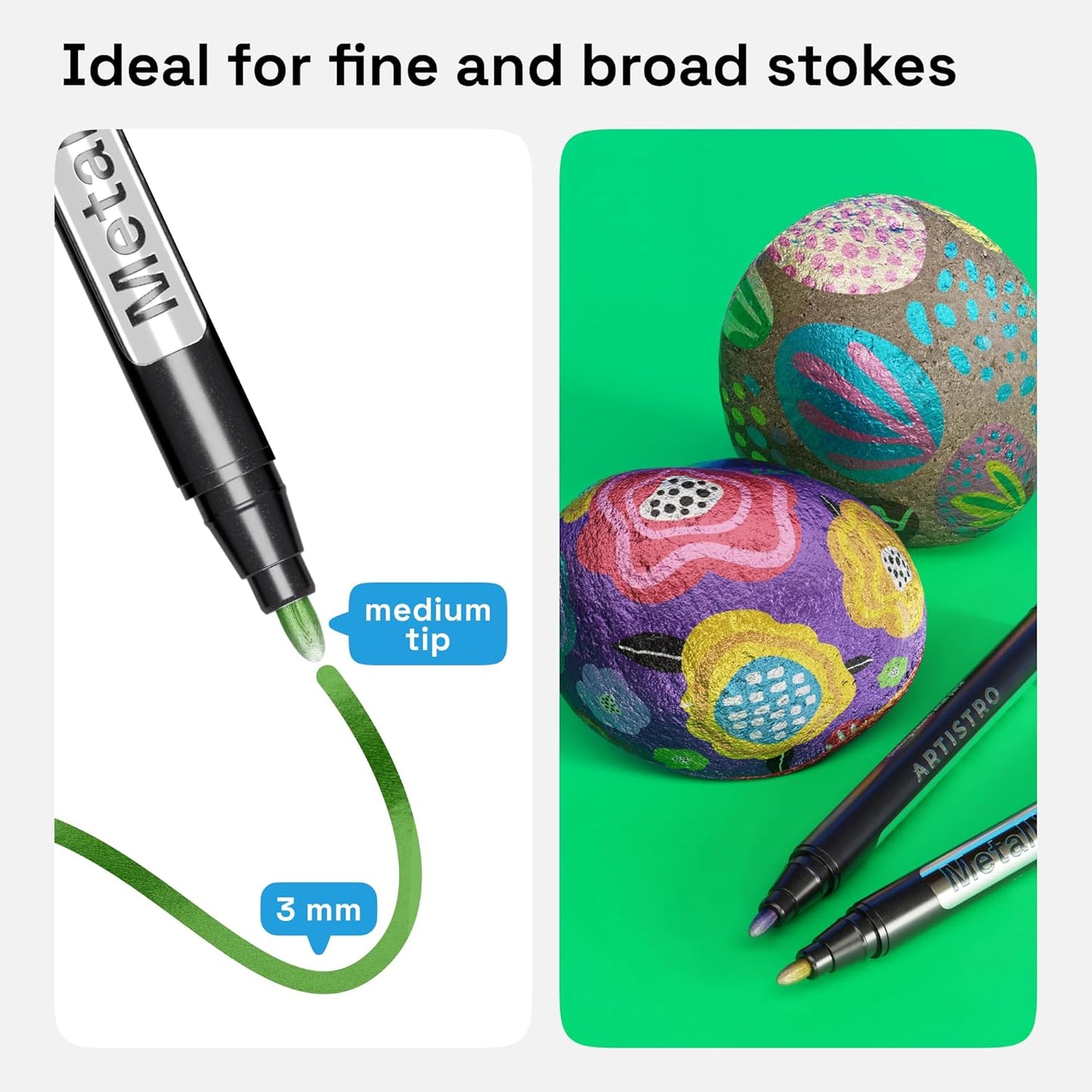 ARTISTRO 12 Metallic Markers, Medium Point Metallic Marker Pens for Wine Glasses, Rock Painting, Black Paper, Scrapbooking Crafts, Card Making, DIY Photo Album, Ceramic