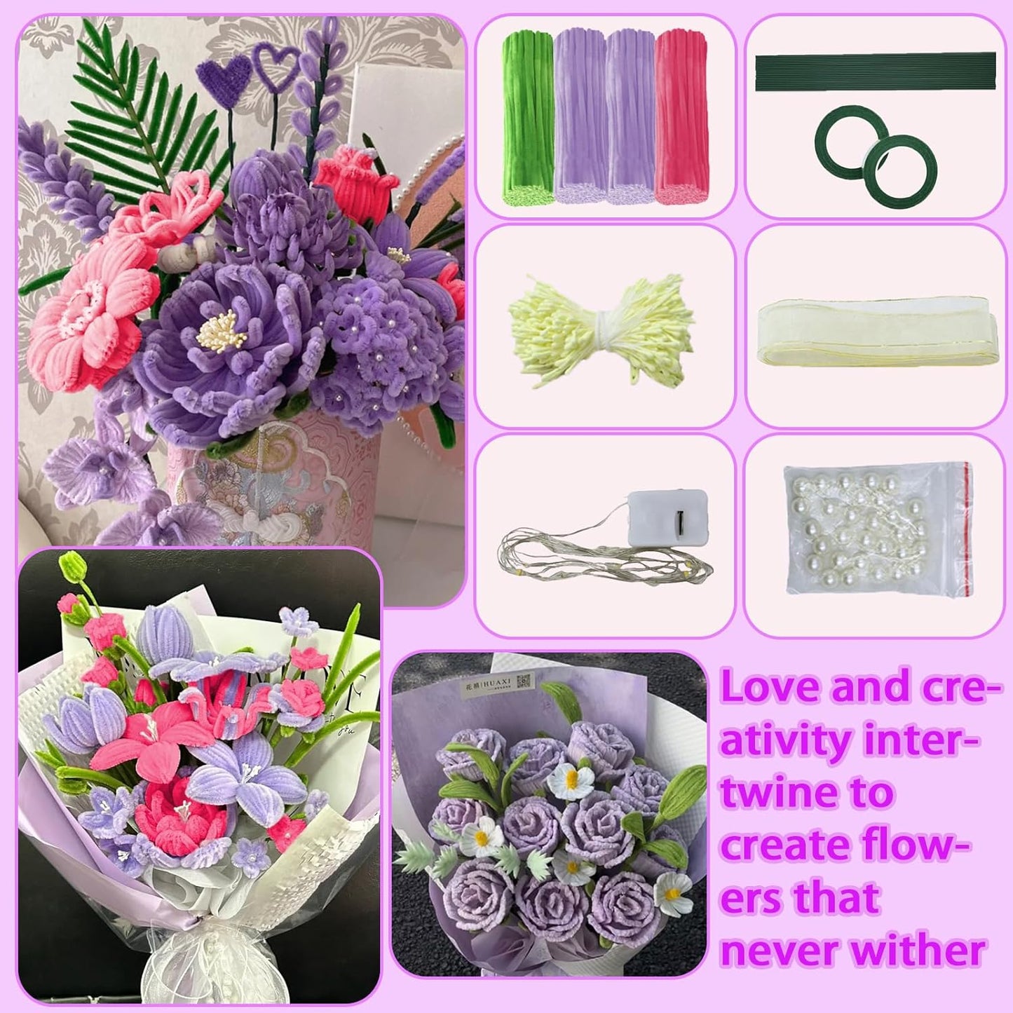 LOLEDE 400Pcs Pipe Cleaners Craft Kit, 3 Colors Chenille Stems for DIY Artificial Flower Making with Floral Wires, Gardening Tape, LED String Lights, Pearl Beads & Ribbon (Purple)
