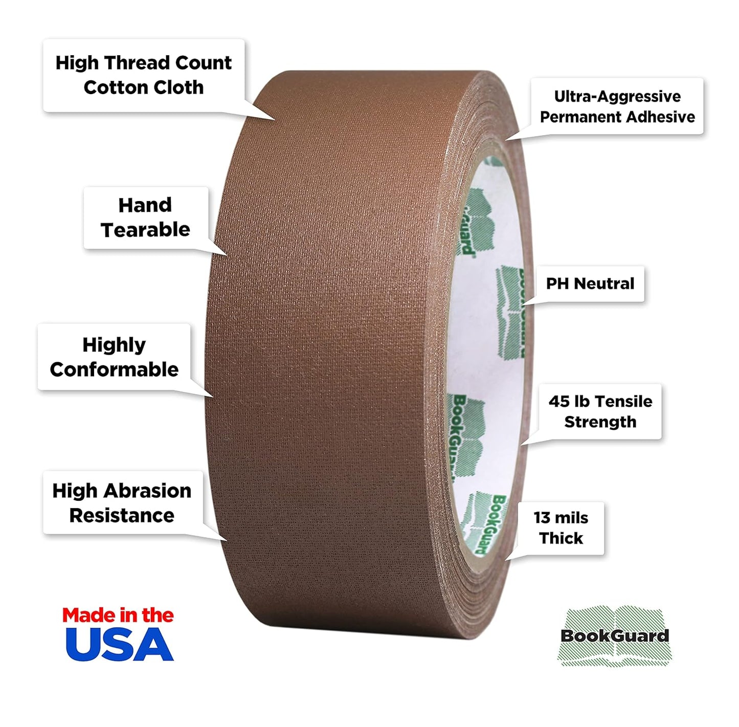 BookGuard 1-1/2 Inch Vinyl-Coated Cotton Cloth Bookbinding Repair Tape, 15 Yard Roll, Light Brown