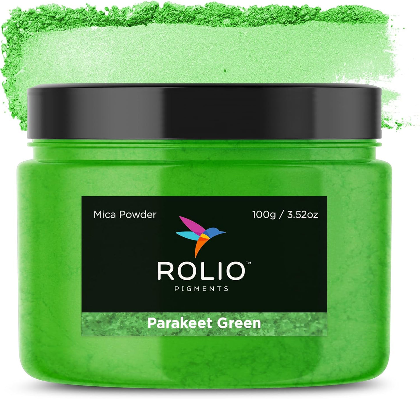 Rolio Premium Green Mica Powder - Parakeet Green (100G / 3.5 oz) - 1 Jar of Pigment Powder for Epoxy Resin, Dye, Soap Making, Nail Polish, Paint, Candle Making, Bath Bombs, Slime