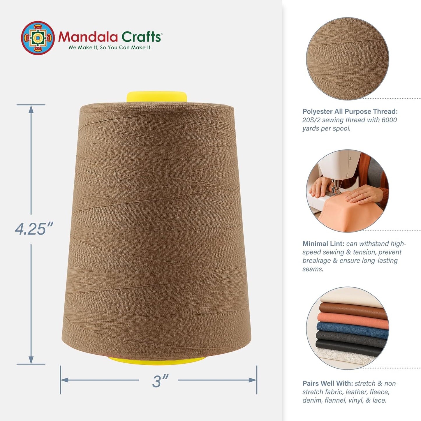 Mandala Crafts 4 Pack of Serger Threads Cones Spools - 20S/2 24000 Yards Polyester Mocha Threads for Sergers Machine and Overlock Quilting Sewing Machine