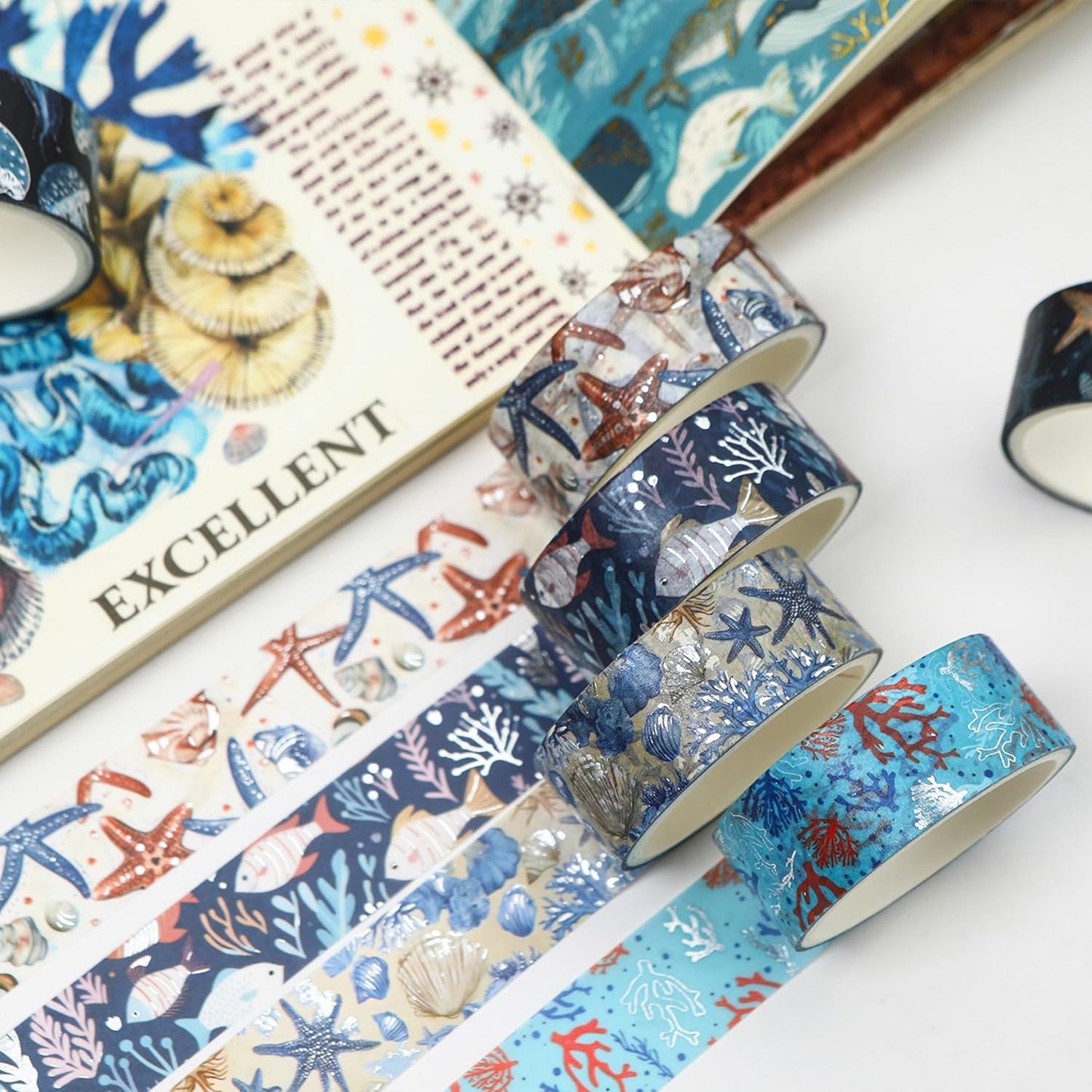 12 Rolls Charming Washi Tape Set Gold Silver Foil Detailing Arts Adhesive Tapes Basic Patterns Decorative Masking Tape Sets for Craft, Kids, Scrapbook, DIY, Gift Wrapping (Oceanic Dreams)