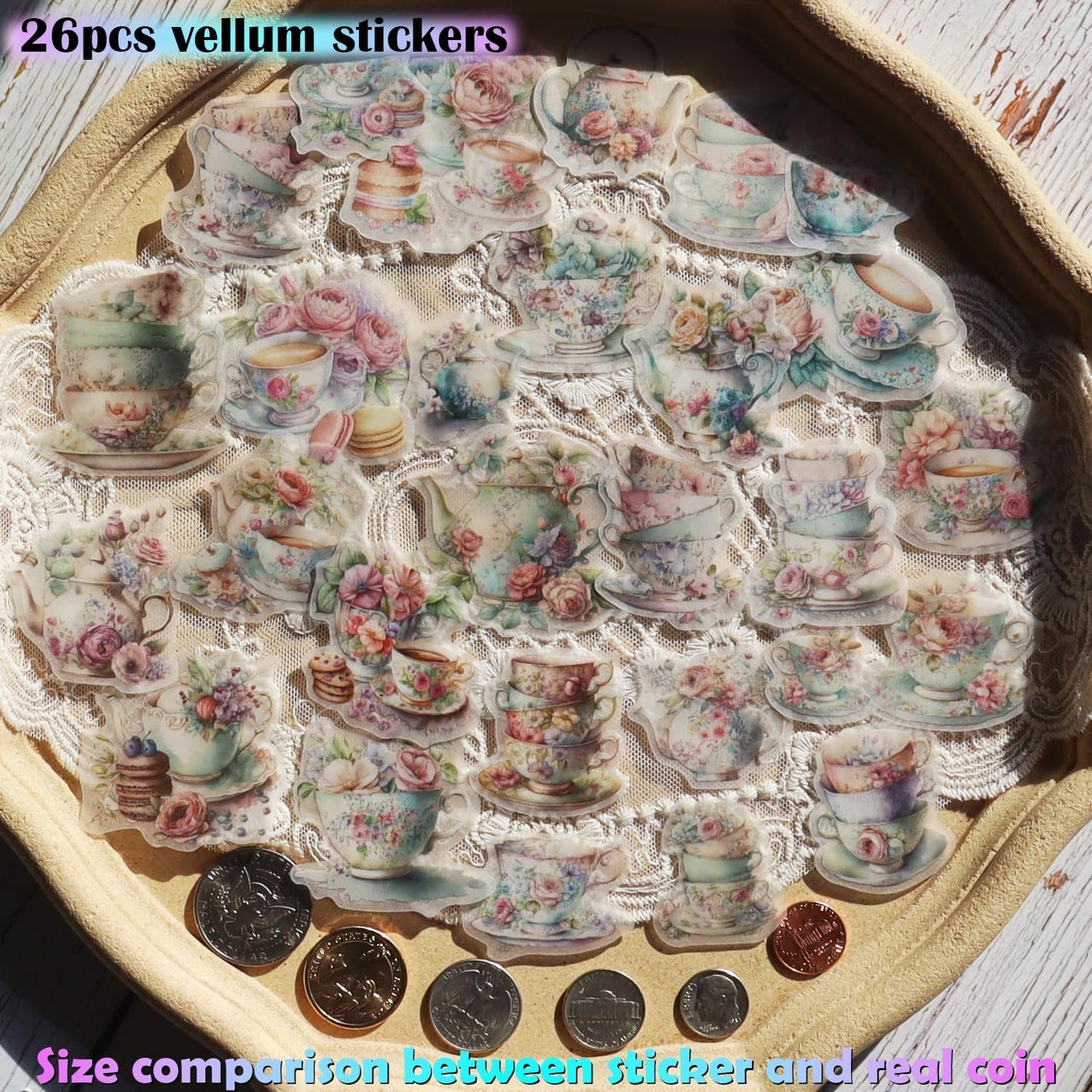 Vintage Vellum Stickers Floral Plants Elements Scrapbooking Supplies Flowers Botanic Natural Translucent Paper Self-Adhesive Junk-Journal Items (Tea Cup)