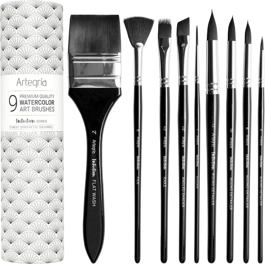 ARTEGRIA Watercolor Brush Set, 9 Professional Soft Synthetic Squirrel Paint Brushes, Including Round Detailers, Flat Wash, Rigger, Rake, Fan, Angled Shader