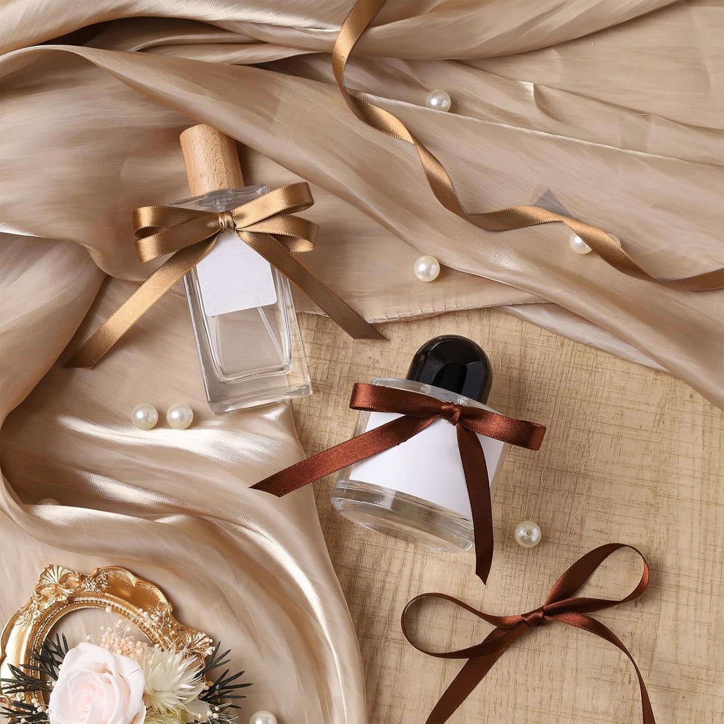 LaRibbons Brown Satin Ribbon 3/8 Inch 50 Yards Thin Luxury Double Faced Mocha Mousse Silk Ribbon for Flower Bouquet Crafts Gift Wrapping Wedding Decoration