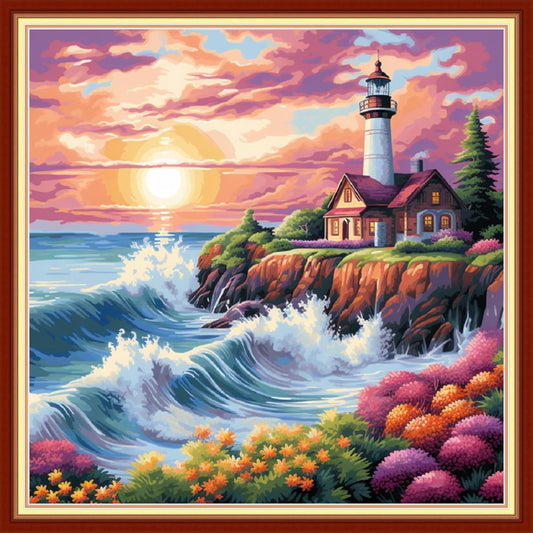 Joyhoor Stamped Cross Stitch Kits for Beginners, Needlepoint Kits for Adults, 11CT Counted Embroidery Kits-Seaside Lighthouse 18x18 inchs