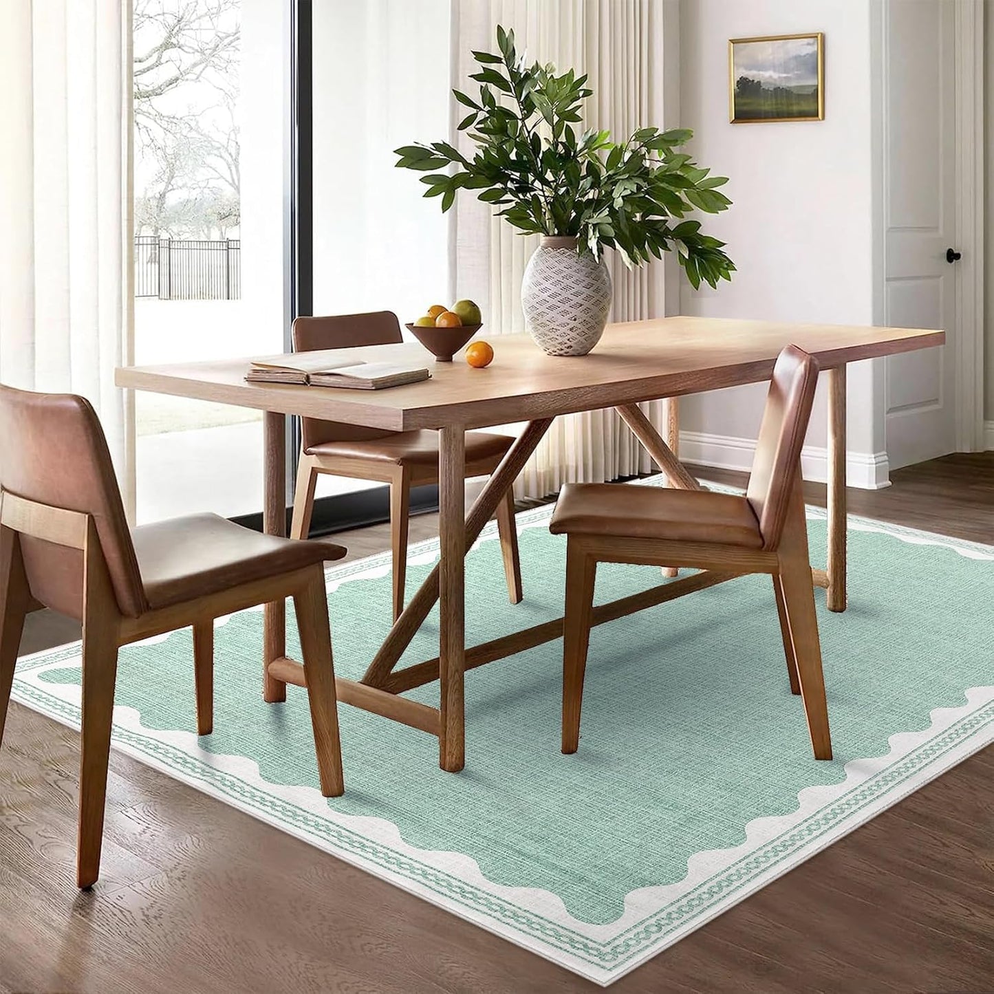 Scalloped Washable Rugs for Living Room, Solid Green 6x9 Area Rugs for Bedroom Girls, Non Slip Scalloped Rug with Rubber Back, Soft Dorm Nursery 6x9 Rugs for Dining Room