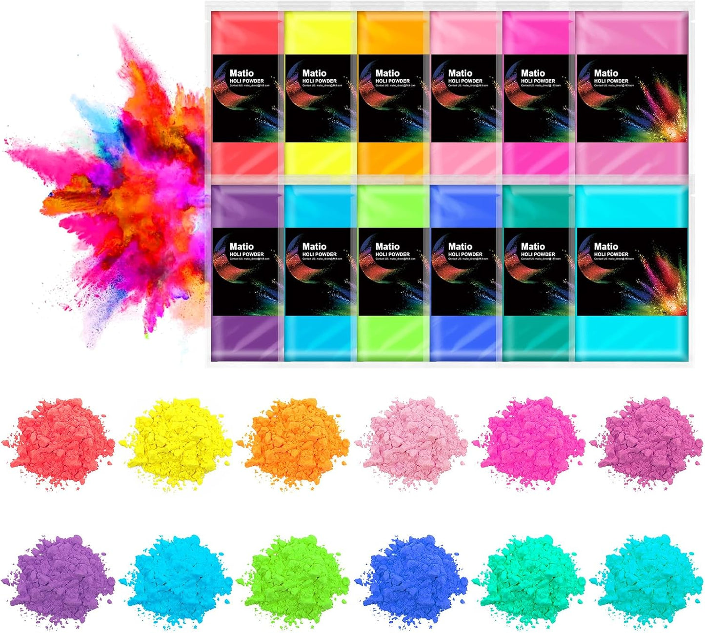 Matio Color Run Powder, 12 Pack 3.5oz/100g Each Natural Holi Powders Assorted Coloring Rangoli Bulk, Washable Chalk Powders Paint for Color War, Summer Camp, Photography Smoke, Gender Reveals