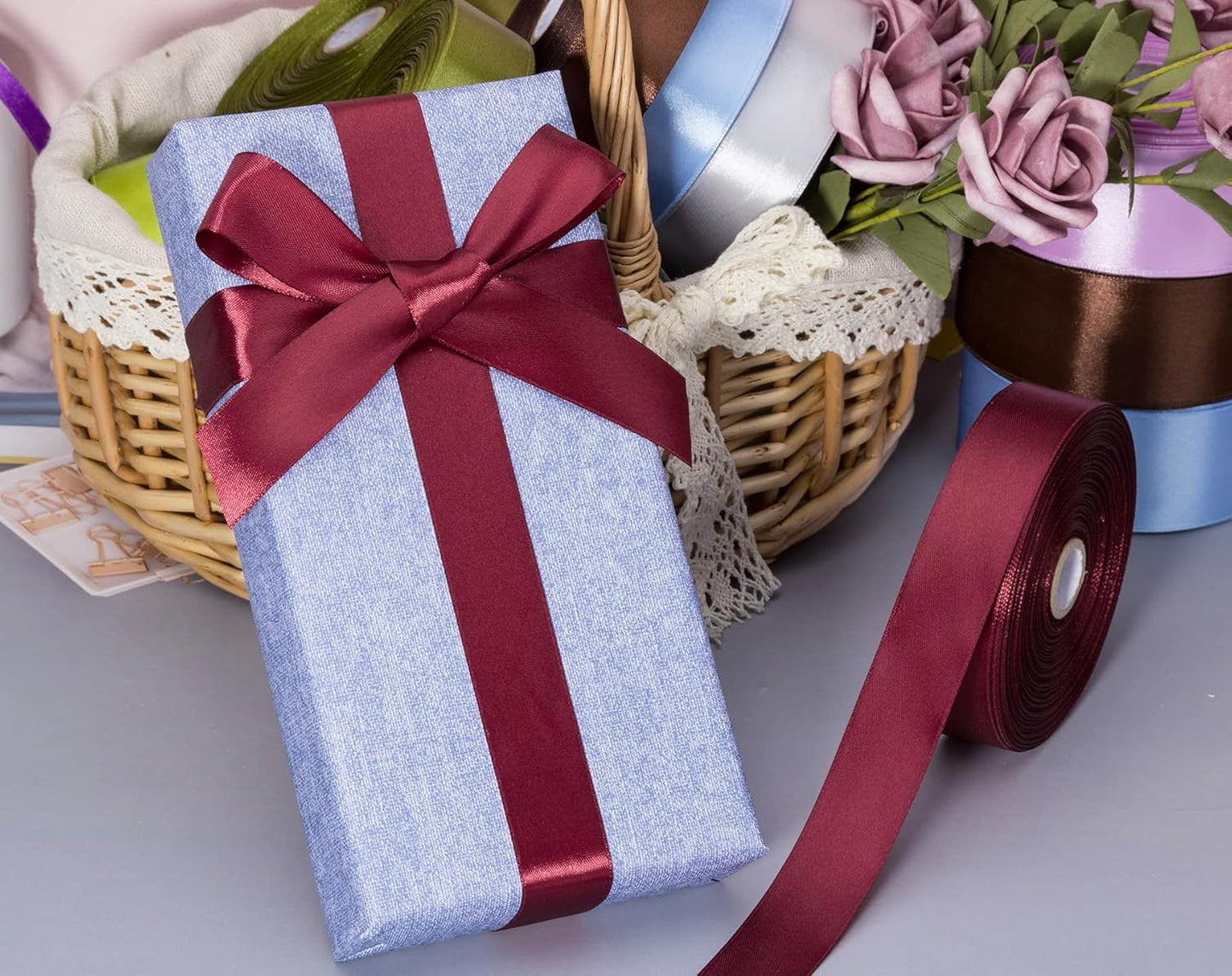 1 Inch Wine Red Solid Satin Ribbon, 50 Yards Craft Fabric Ribbon for Gift Wrapping Floral Bouquets Wedding Party Decoration