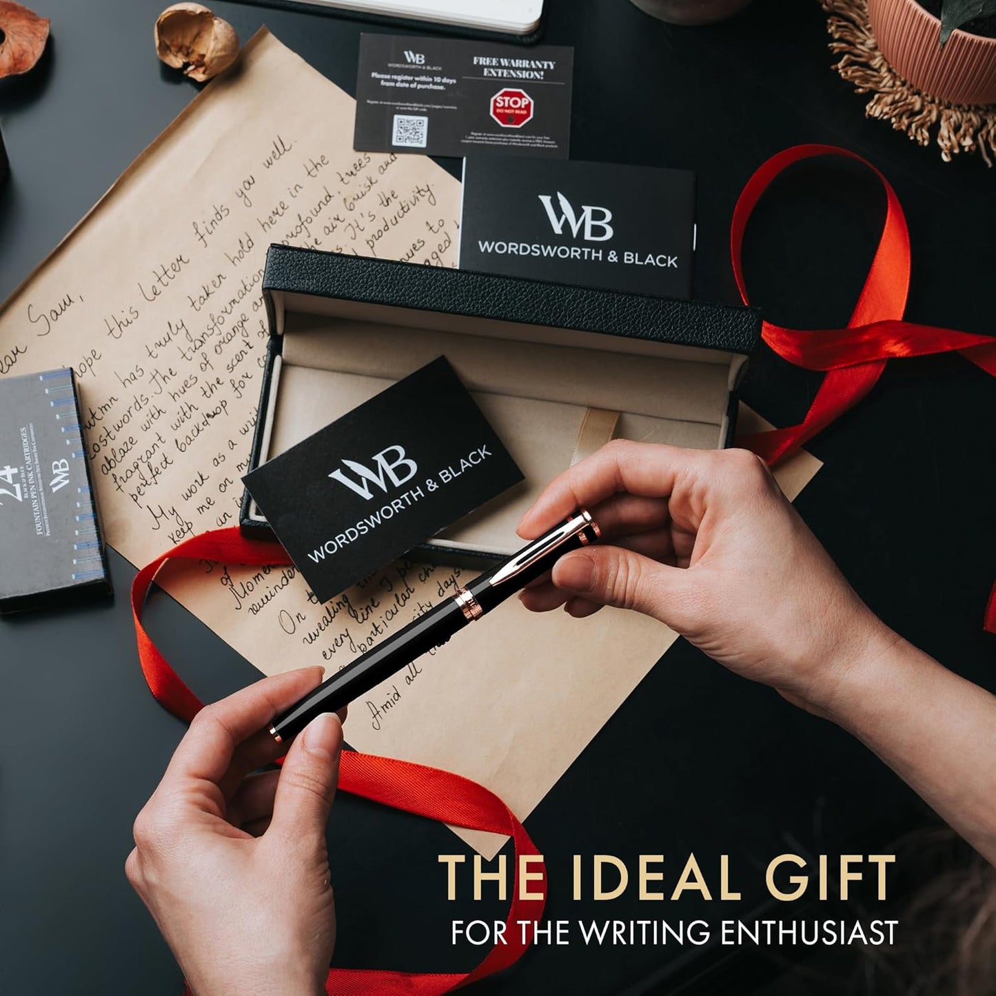 Wordsworth & Black Fountain Pen Set, 18K Gilded Medium Nib, Includes 24 Pack Ink Cartridges, Ink Refill Converter & Gift Box, Gold Finish, Calligraphy, [Black Rose Gold], Perfect for Men & Women