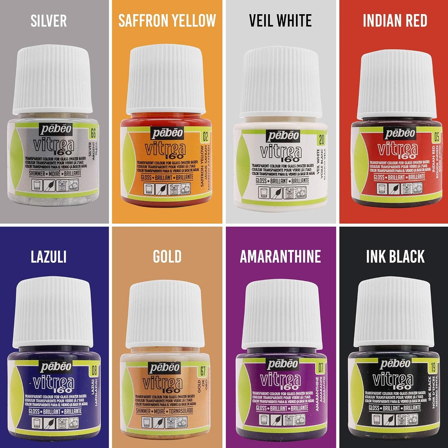 Pebeo Vitrea 160 Glass Paint - Transparent Colour Glossy and Brilliant - Made in France - DIY Craft Paint for Stained Glass and More - Set of 8 Colors Bundled Application Brushes