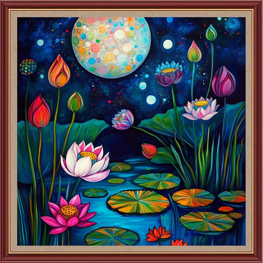 DMCXART Counted Cross Stitch Kits for Adults Needlepoint Kits Unprinted Cross Stitching Embroidery Kit 11CT Cross Stitch Supplies-Moonlight Over The Lotus Pond 18x18 inch
