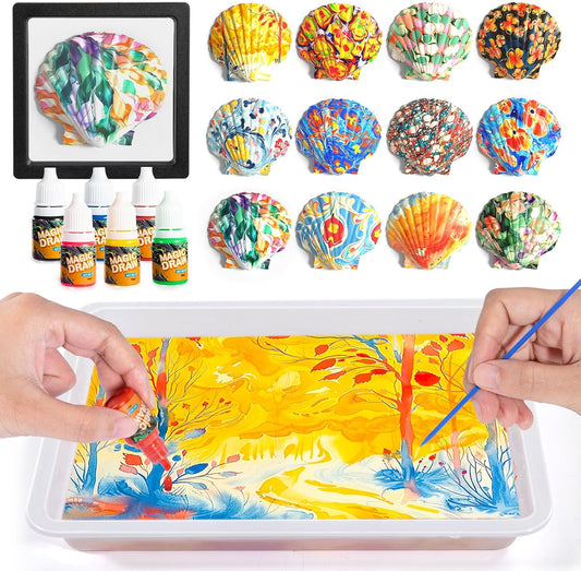 Water Marbling Paint Kit for Kids, Arts & Crafts, Non-Toxic, Age 3-12, Includes 6 Colors, 10 Sheets, Tools, 12 Shells, 2 Display Boxes