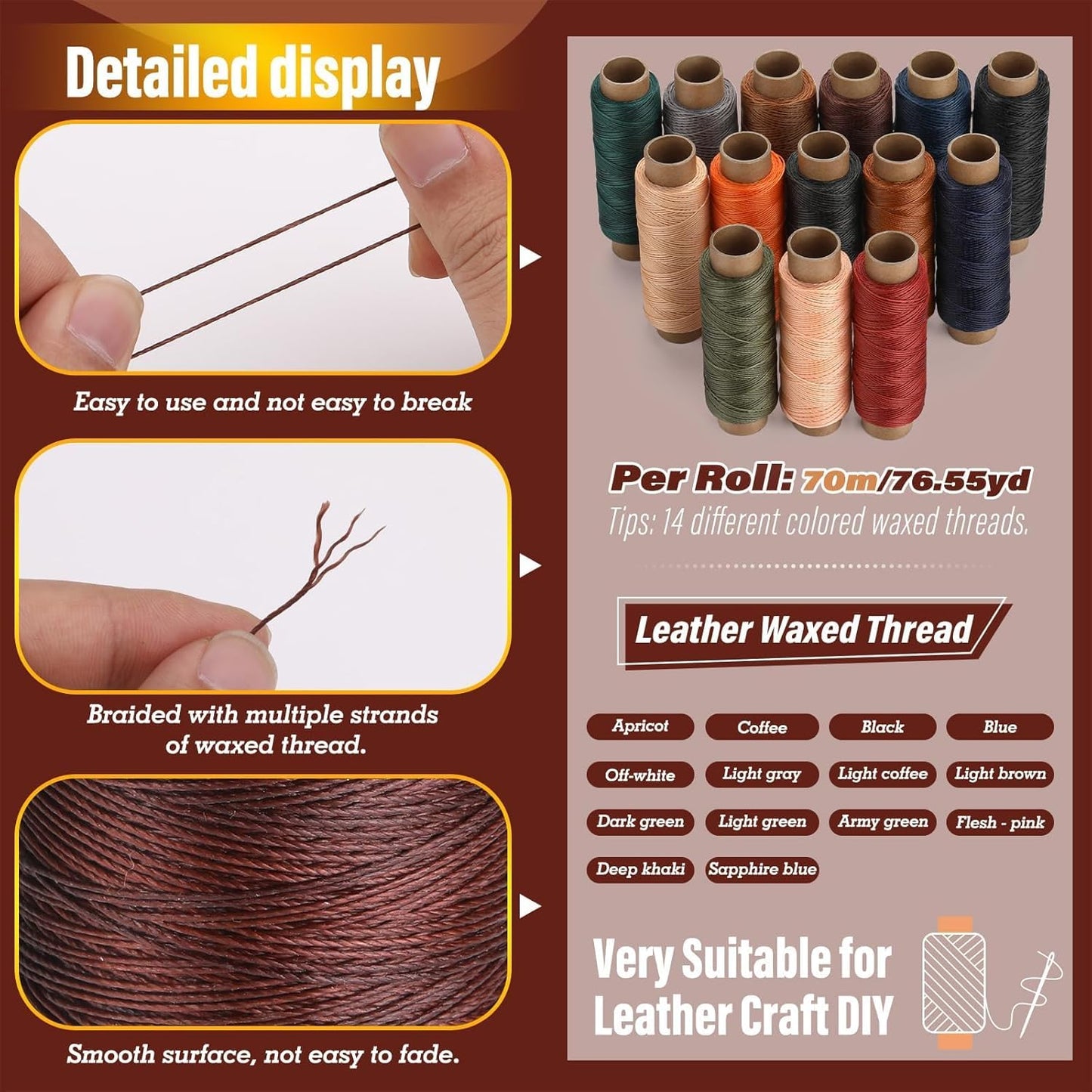 0.55 mm Round Waxed Thread, 14 Colors 76 Yards Spool Wax Coated String, Leather Sewing Waxed Thread for Sewing, Stitching, Beading, Bookbinding, Braiding, Bracelet