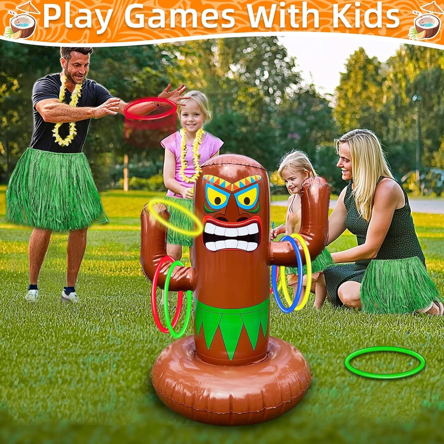 25" Inflatable Luau Tiki Pool Toss Games, Tiki Pool Ring Toss Toys with 4 Rings for Boys Girls Adults Indoor Outdoor Tropical Summer Swimming Inflatable Bean Bags Toss Hawaiian Luau Party Supplies