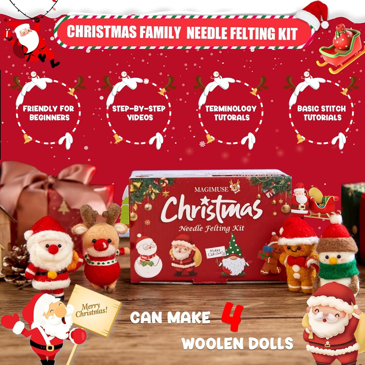 MAGIMUSE Needle Felting Kit, Needle Felting Starter Kit with Basic Felt Tools, Christmas Needle Felting Kit for Beginners, DIY Wool Needle Felting Supplies for Christmas Festival Crafts