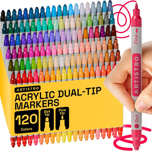 ARTISTRO 120 Acrylic Paint Pens, Acrylic Paint Markers, Fabric Markers for Textile, Canvas, Rock, Glass, Wood, Paper, Pumpkin, DIY (Dual Tip Dot + Fine, 120)