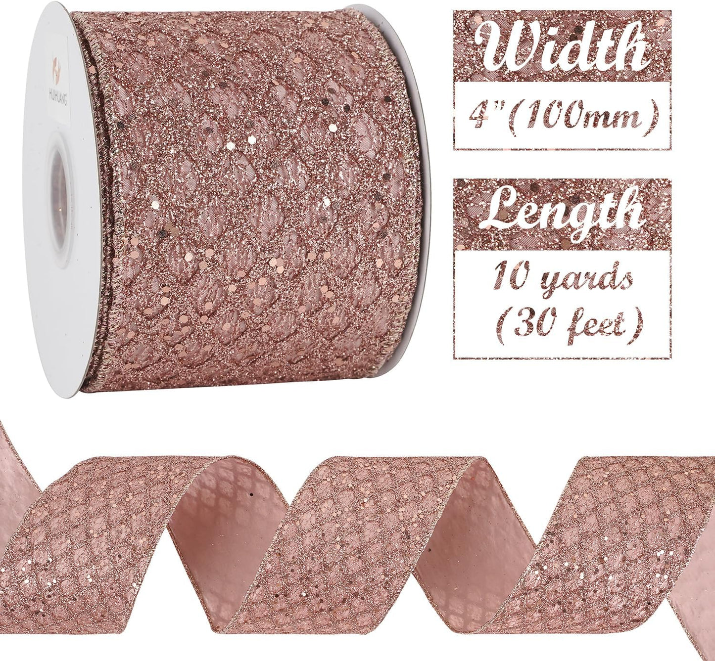 HUIHUANG Rose Gold Christmas Ribbon 4 inch Rose Gold Glitter Wired Ribbon Diamond Mesh Wire Ribbon for X-mas Tree Decorations, Wreaths, Garland, Large Bows Making, Home Decor -10 Yards