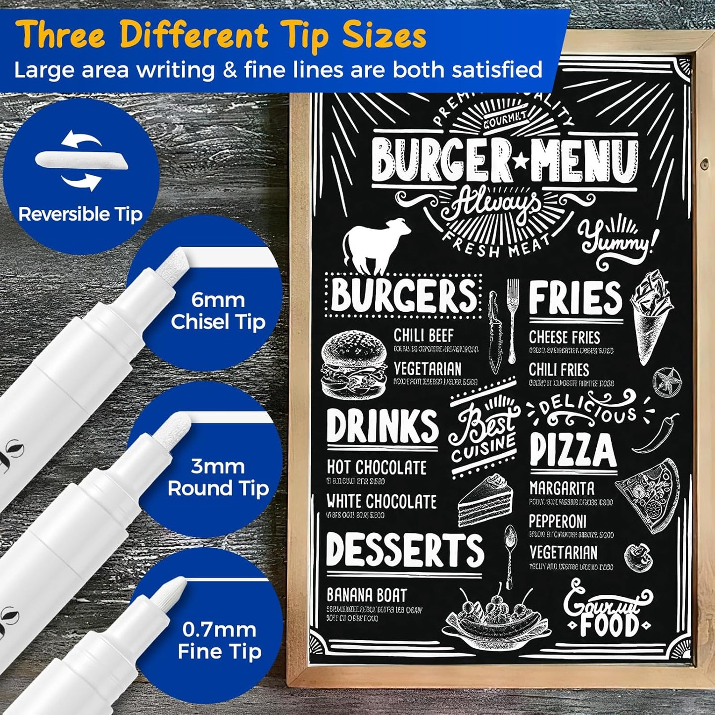 SFAIH 8 White Chalk Markers for Blackboard - [1s Wet Wipe] No Residue, Liquid Chalk Markers for Blackboard, Menu, Bistro, Signs, Windows, Glass, Food Labels, 6mm & 1mm Tip, Dust-Free, Non Toxic