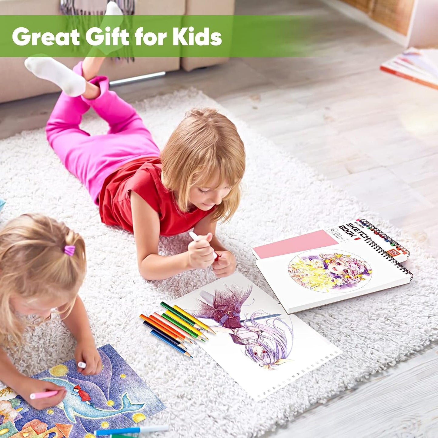 Soucolor Cute Sketchbook 9" x 12" for Women, 1-Pack 100 Sheets Spiral Notebook Drawing Pad for Girls, Pastel Girls' School Art Supplies for Beginner Artists, Arts and Crafts Gifts Set for Kids Adults