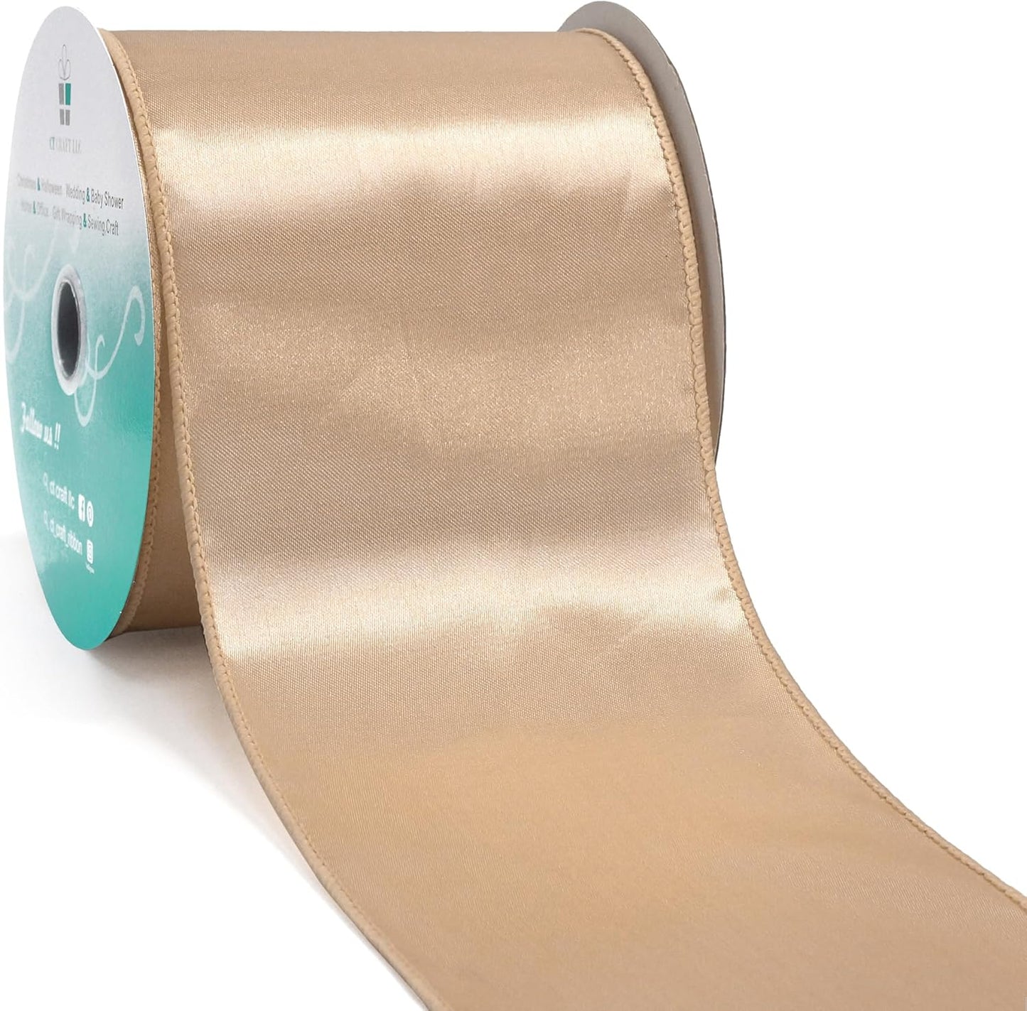 CT CRAFT LLC Satin Wired Ribbon 4 Inch x 20 Yards Champagne Gold for Christmas Home Décor Gift Wrapping Tree Topper Bow Wreath DIY Crafts,