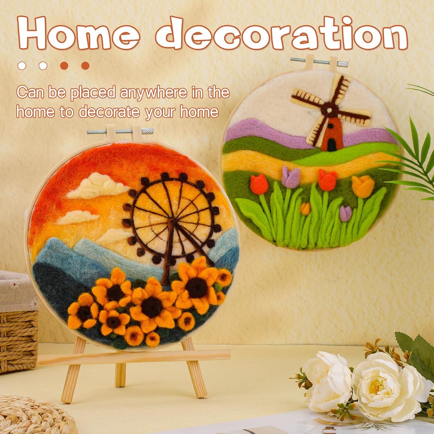 QMNNMA Needle Felting Kit for Beginners, Needle Felt Painting Kit with Picture Frame, Foam Pad, Felt Cloth, and Instructions, Flowers Wool Felting Kit Used for Home Decoration, Art Craft