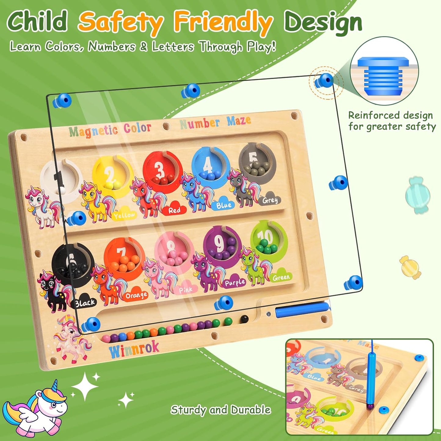 Magnetic Color and Number Maze, Montessori Wooden Magnet Puzzles Learning Counting Matching Board Unicorn Toys for Toddlers Kids 3-5, Educational Fine Motor Skills Toys for Girls Boys 3 4 5 Years Old