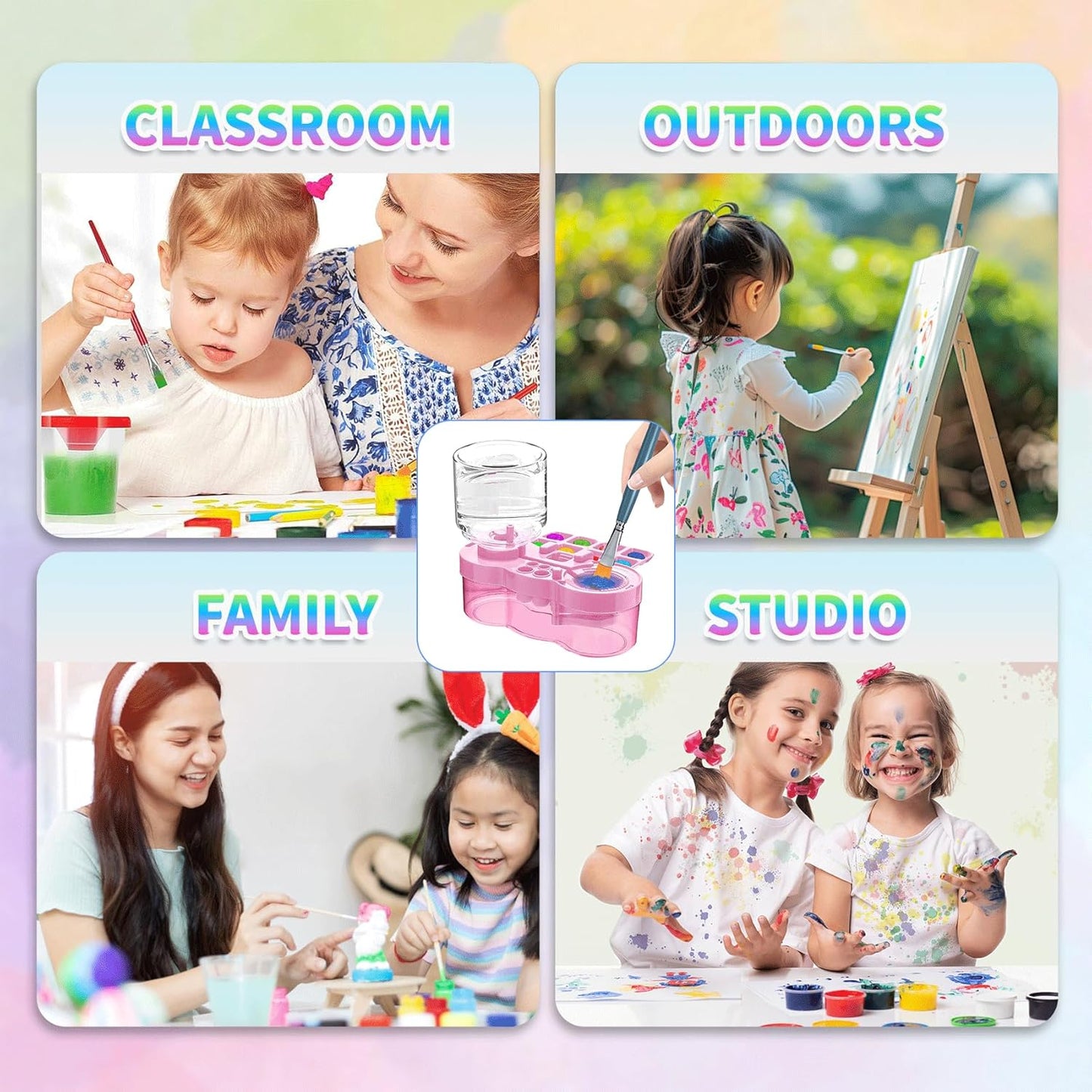 2025 Upgraded Paint Brush Cleaner Tool – All-in-One Paint Brush Washer, Rinse Cup, Holder, and Palette for Artists Beginners | Ideal Art Supplies for Watercolor & Acrylic Painting(Pink)