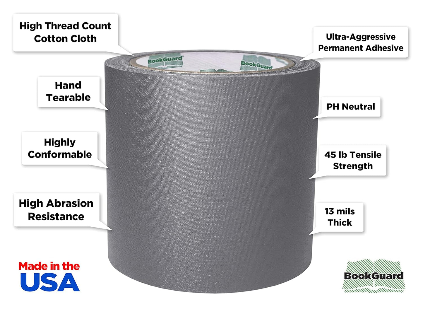 BookGuard 4 inch Premium Bookbinding Repair Cloth Tape, 15 Yard Roll, Gray