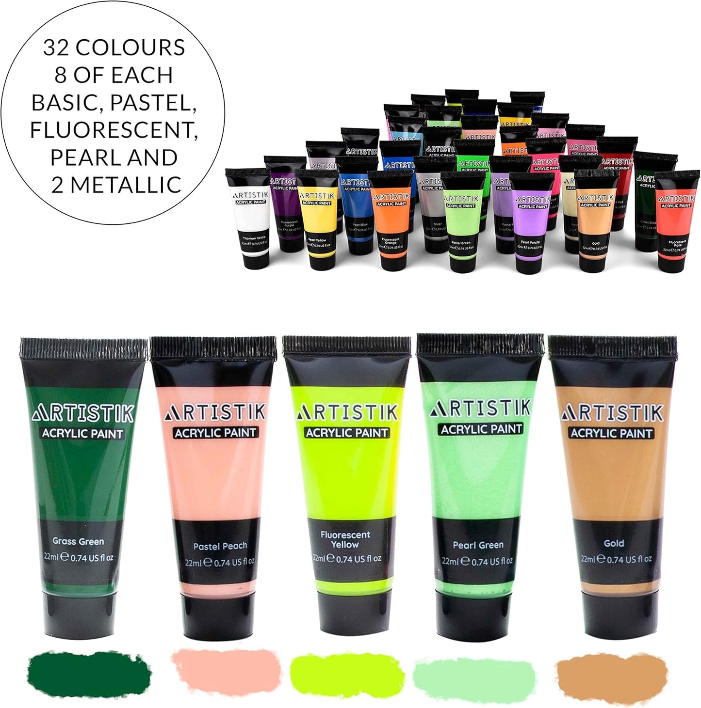 ARTISTIK Acrylic Paint Tube Set of 32-22ml Paint Tubes with 3 Brushes for Adults, Kids and Artists - Non-Toxic Artist Quality Paints for Canvas Painting, Wood Crafts, Ceramic and Art Supplies