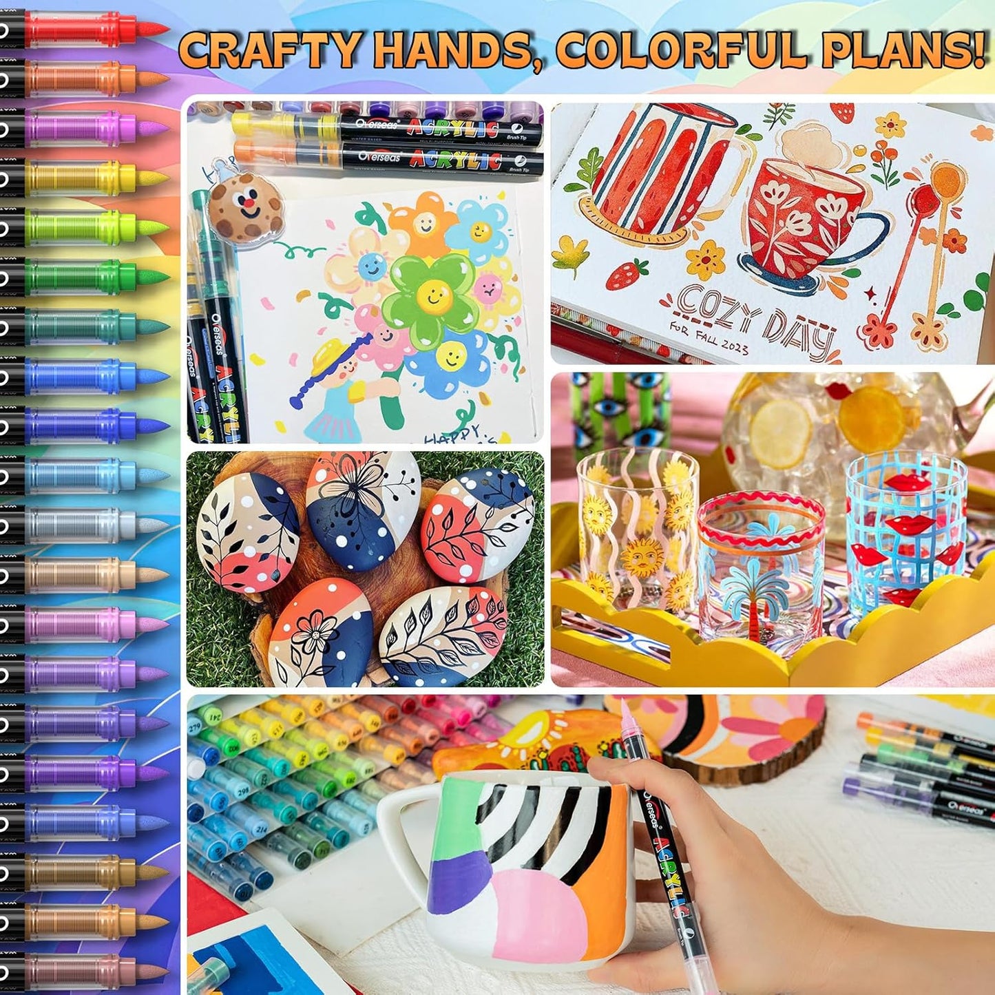 Overseas Acrylic Paint Markers 120 Colors, Brush Tip Paint Pens with Automatic Ink Control System, Quick Drying Liquid Ink Acrylic Marker for Rock, Wood, Canvas, Glass, Fabric, Metal, Plastic, Rubber