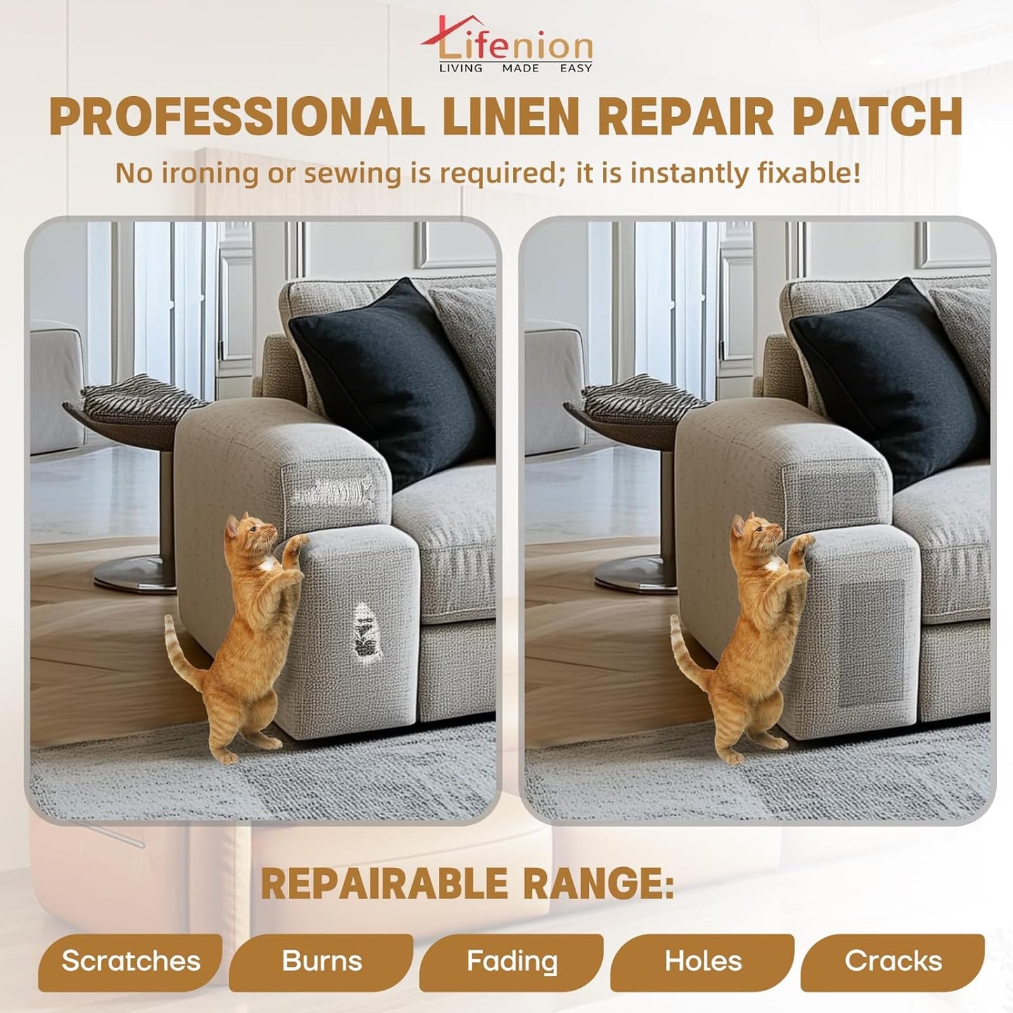 Fabric Repair Patches, 17X158 inch Linen Self-Adhesive Fabric Repair Tape, Strong Sticky Linen Patch for Sofas, Tote Bags, Clothing, Car Seats, Furniture（Beige, 17X158 inch）