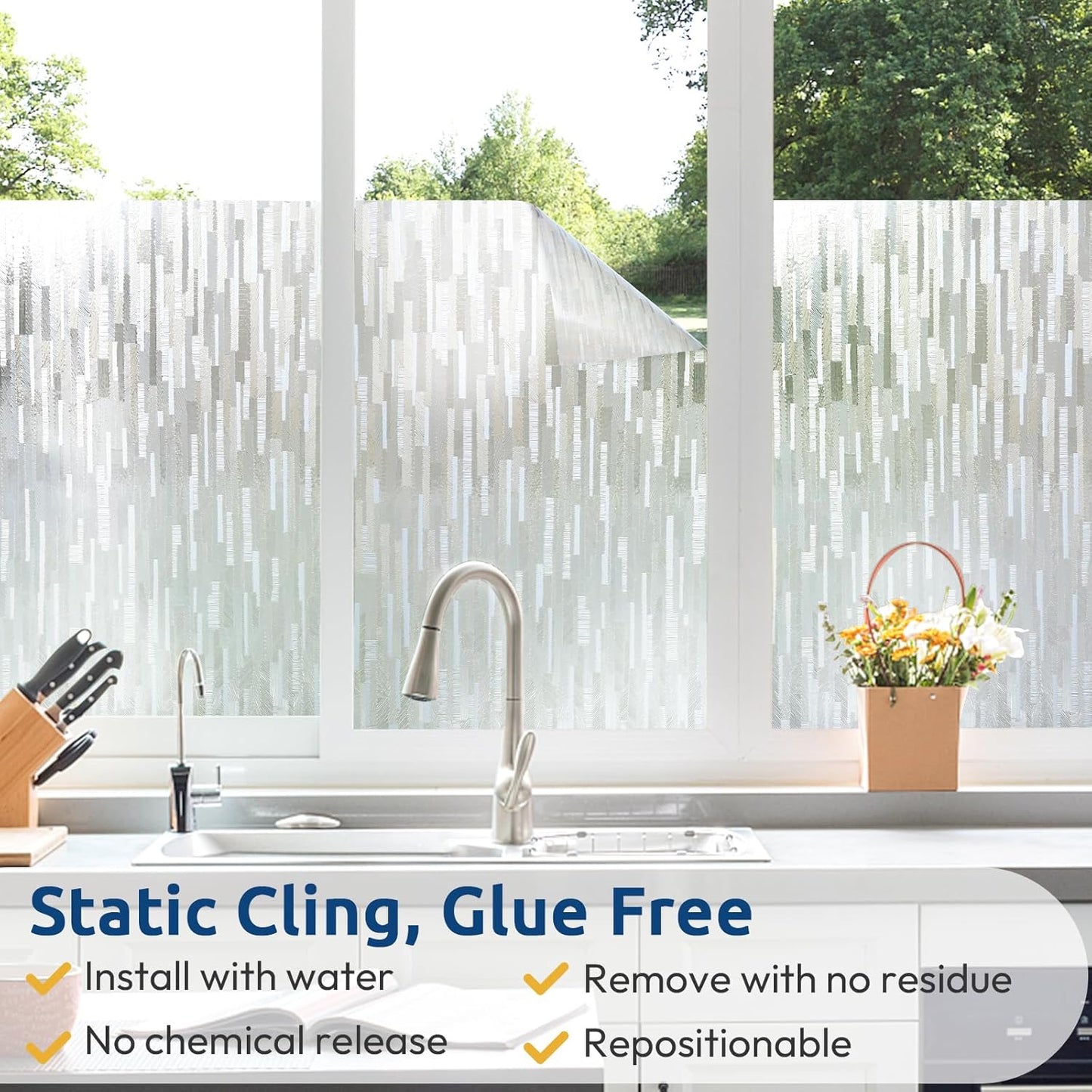 rabbitgoo Window Privacy Film, No Glue Frosted Glass Film, Static Cling UV Blocking Non Adhesive Reusable Heat Control Window Vinyl Clings for Home, Office, Frosted Silk, 23.6 x 78.7 Inches