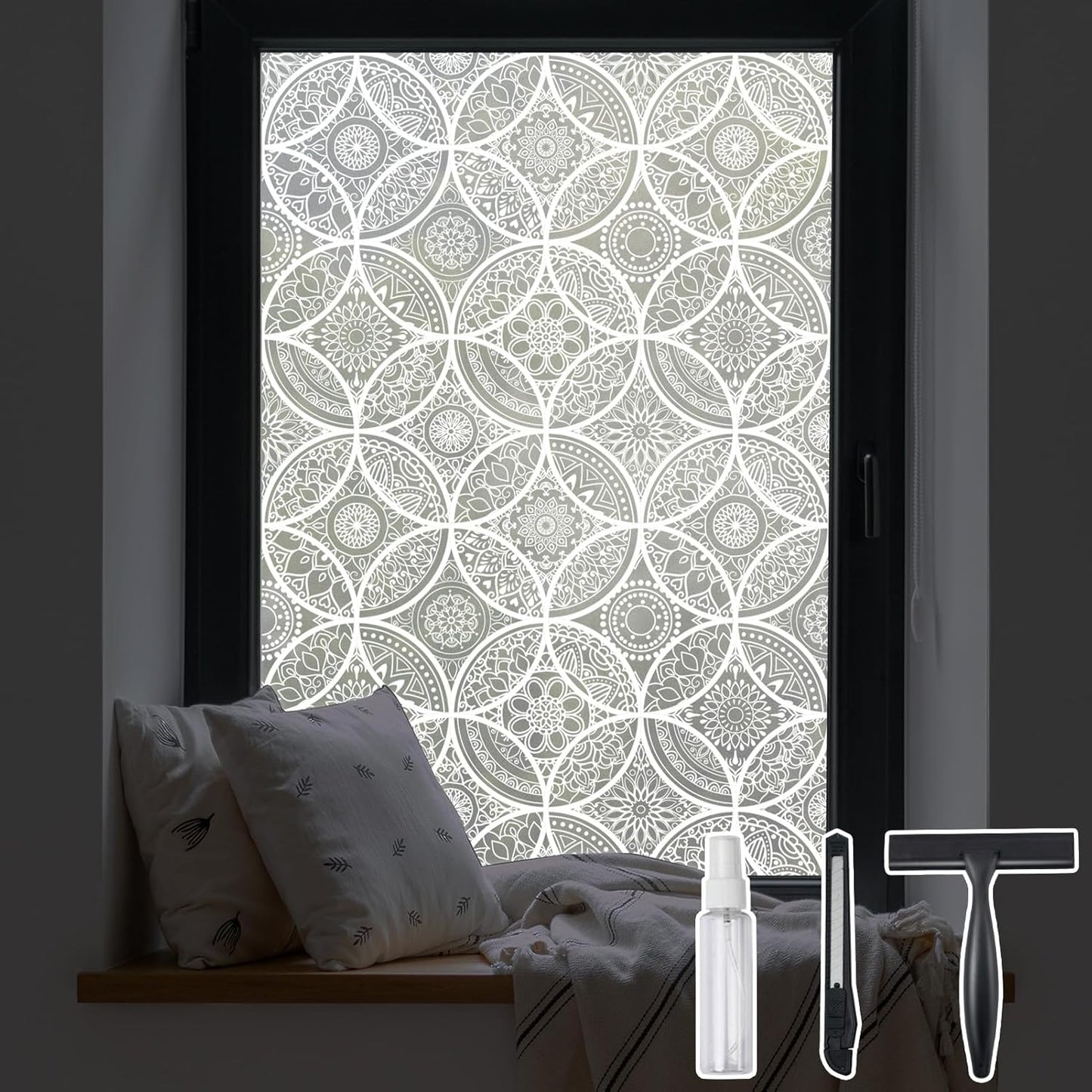 DKTIE Bohemian Decor Stained Glass Window Film with Installation Tools, Two-Way Window Privacy Film, Reduce Glare, Pure White, 35.4 x 118.1 Inch
