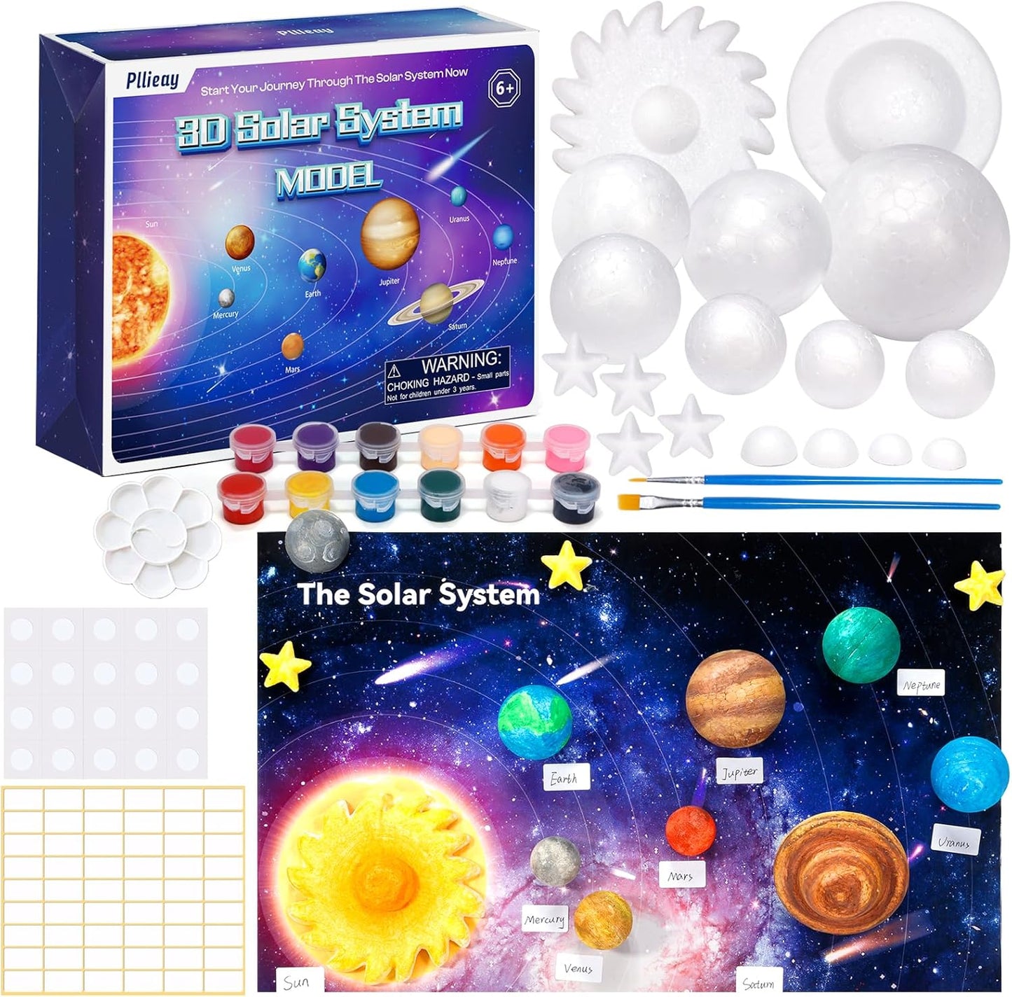 Pllieay Solar System Model Kit, 3D Solar System Kit with Display Board, 17 Foam Balls, 12 Color Pigments, Brushes, Palette, DIY Planets Model Toy for Kids School Science Projects