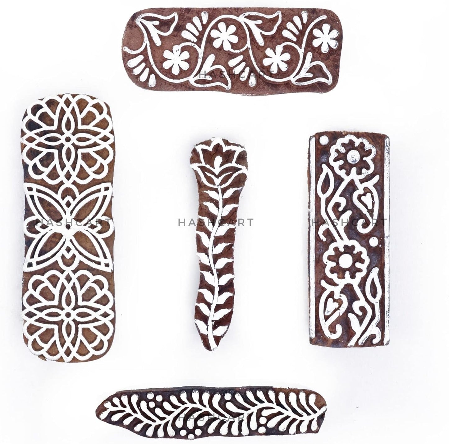 Wooden Stamps for Block Printing | Set of 5 | Border Shaped Wooden Finger Stamps, Tattoo Handcarved Indian Textile Printing Blocks for Henna Mehndi Clay Pottery Hashcart®