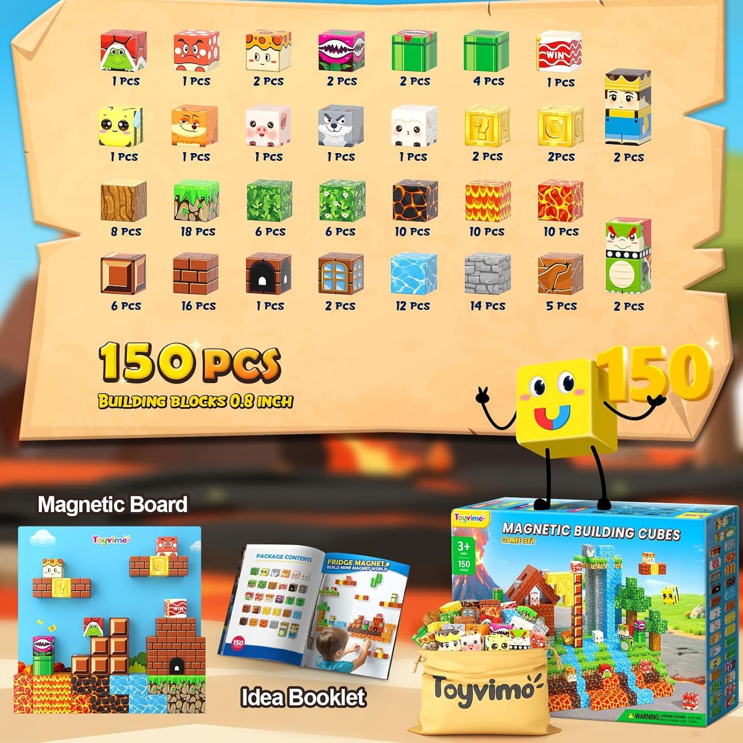 Magnetic Blocks - 150PCS Magnetic Board Building Toys for Boys Age 3-5 4-8 8-12, Kids Toys Build Mine Magnet World & Birthday Gifts for Kids Ages 3-12