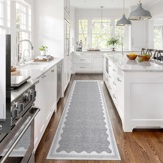 Scalloped Rug 2.5x10 Runners for Hallways, Solid Grey Non Slip Scalloped Bath Runner, Washable Rug for Bedroom Girls, Rugs for Kitchen Floor Soft Dorm Nursery Carpet for Bedside